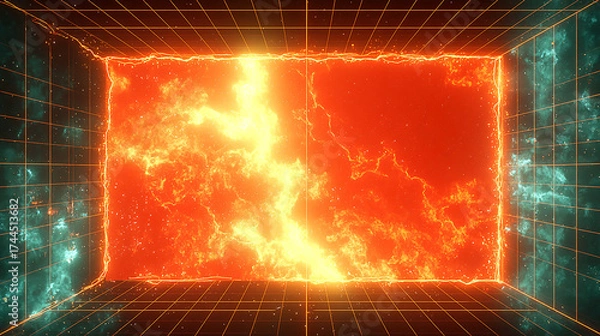 Fototapeta features a fiery explosion contained in a wireframe box, set against a nebula background.