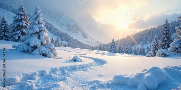 Fototapeta Pristine Untouched Snow Landscape Sunlit Winter Wonderland with Delicate Powder Snow, Long Shadows, and a Serene Atmosphere. Perfect for Winter Holiday and Travel Themes.
