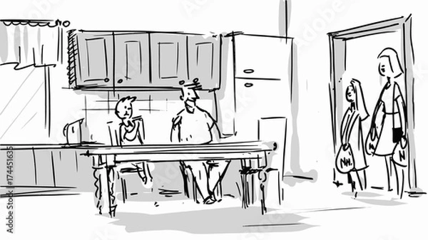 Obraz Happy family meeting in the kitchen Vector background sktech storyboard