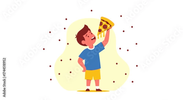 Obraz Child Enthralled By Pizza: Cartoon Illustration Capturing Joy And Culinary Delight
