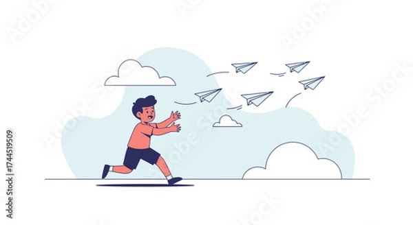 Fototapeta Child's Adventure Chasing Paper Airplanes Symbolizing Dreams and Freedom in Flight