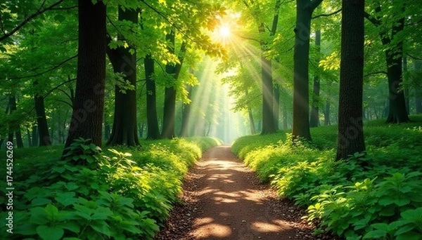 Fototapeta Sun-Dappled Forest Path A Magical Summer Escape Through Lush Green Foliage