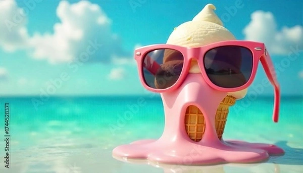 Fototapeta Melting Ice Cream Dripping on Giant Sunglasses Hilarious Summer Fun Scene