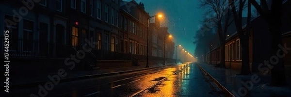 Fototapeta Solitary Streetlamp Illuminates Rain-Slicked Street at Night, Casting a Warm Golden Glow and Dramatic Moody Atmosphere