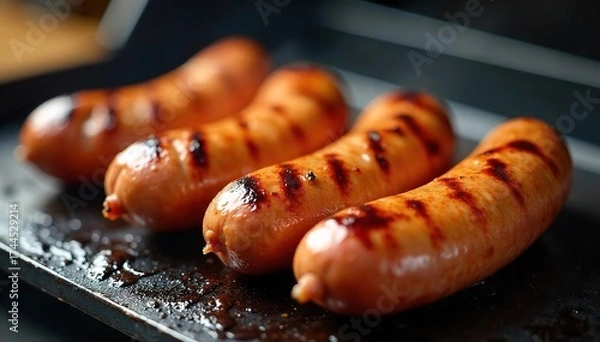 Fototapeta Sizzling Grilled Sausages Ready for Serving Juicy Pork Links on a Hot Griddle at an Outdoor Catering Event