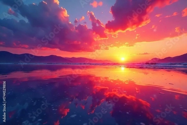 Fototapeta Sunset Reflection on Polished Surface Vibrant Hues for Design Backgrounds