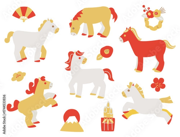 Obraz 午年の年賀状などに使える馬と正月飾りなどの金・銀・赤のイラスト
