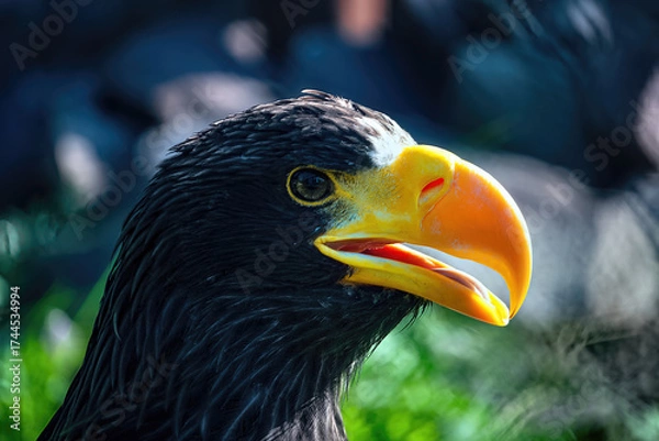 Fototapeta A big eagle with yellow beak on the background of green grass.