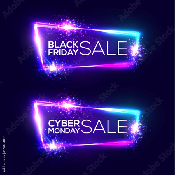 Fototapeta Wyprzedaż w czarny piątek. Cyberponiedziałkowa wyprzedaż. Neonowe tło. Świąteczny znak zakupów z flarami i błyskami. Night club elektryczna ramka techno z eksplozją i światłem. 3D rabat ilustracji wektorowych bokeh.