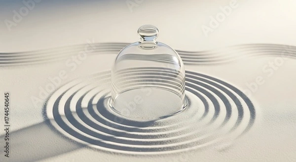 Fototapeta Tranquil zen garden scene with smooth sand patterns and a glass dome creating a sense of peace and serenity