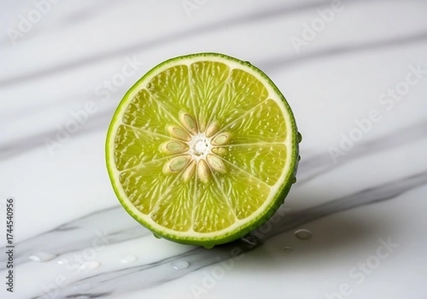 Fototapeta Vibrant halved lime showcases its juicy interior on a pristine marble surface backdrop