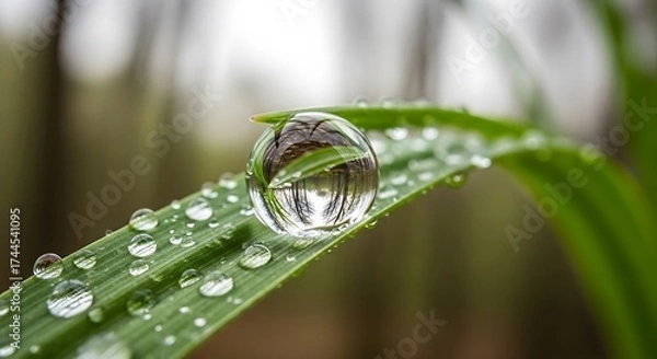 Fototapeta Water droplet resting on a vibrant green leaf showcasing a miniature mirrored world within its sphere delicate nature