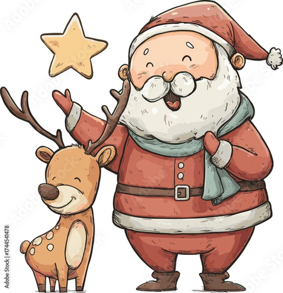 Fototapeta Santa Claus and reindeer with a star during Christmas celebration isolated on transparent background. Vector illustration.