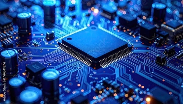 Obraz Detailed Close Up of Electronic Circuit Board Components with Blue Lighting