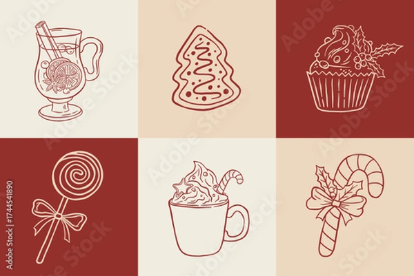 Obraz Hand draw Christmas drink and sweetas vector illustration. Vintage candy cane, gingerbread, lollipop, latte, mulled wine, cupcake clipart. Happy New Year card