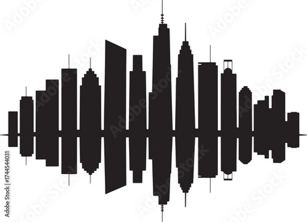 Fototapeta Black silhouette skyline of diverse skyscrapers with reflection on white background cityscape