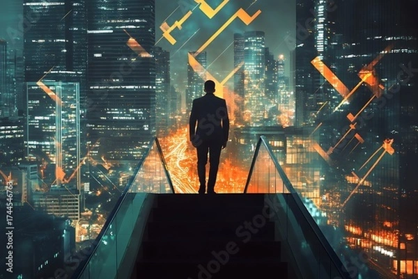 Fototapeta Silhouette of a solitary businessman standing on a futuristic bridge overlooking a vibrant illuminated cityscape at night