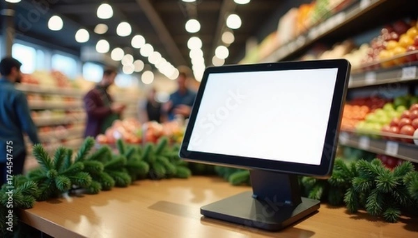 Fototapeta Point of sale terminal on table in grocery store with produce background  