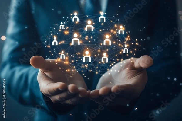 Fototapeta Close up of hands holding a glowing network of diverse people icons representing global connection and community in a digital world