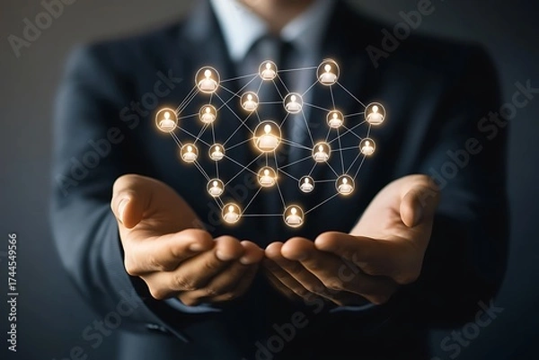 Fototapeta Businessman holding a glowing network of interconnected people symbolizing global connections and teamwork in a digital world
