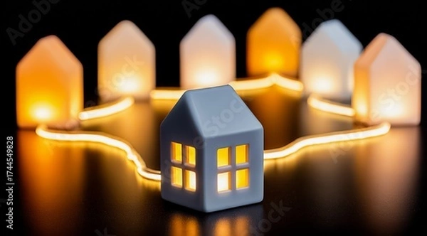 Fototapeta Row of houses with a white house in the middle. The houses are lit up with lights