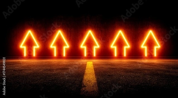 Fototapeta Row of five neon arrows pointing up. The image has a futuristic, high-tech feel to it