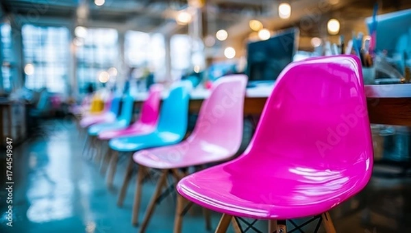 Fototapeta Row of pink and blue chairs are arranged in a room. The chairs are all different colors, with some being pink