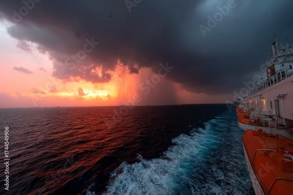 Fototapeta Ship is sailing in the ocean with a beautiful sunset in the background. The sky is cloudy and the sun is setting