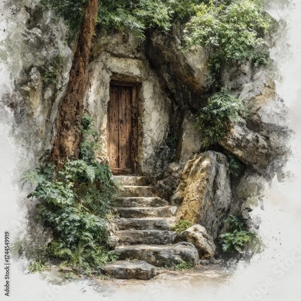 Fototapeta Small door is in a cave with a stone staircase leading up to it. The door is wooden