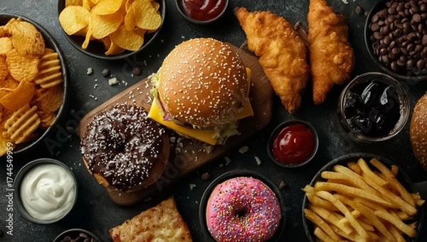 Fototapeta Table full of food including a hamburger, fries, donuts, and chips. The table is covered in condiments