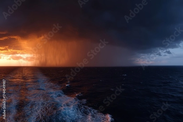 Fototapeta The ocean is dark and stormy with a rainbow in the sky. The water is choppy and the sky is filled with clouds