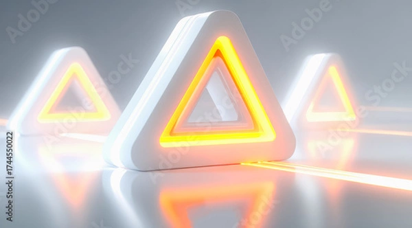 Fototapeta Three white triangles with orange accents are lit up. The triangles are arranged in a row. Scene is bright and energetic