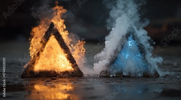 Fototapeta Two triangles, one red and one blue, are lit on fire and surrounded by smoke. The fire is reflected in the water
