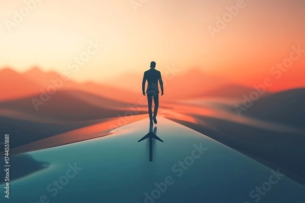 Fototapeta A solitary figure walks across a reflective surface towards a vibrant sunset over a surreal alien landscape