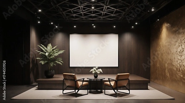 Fototapeta modern talk show set with blank screen, leather chairs and plants against textured wall | entertainment, broadcasting, design, architecture, modern theme