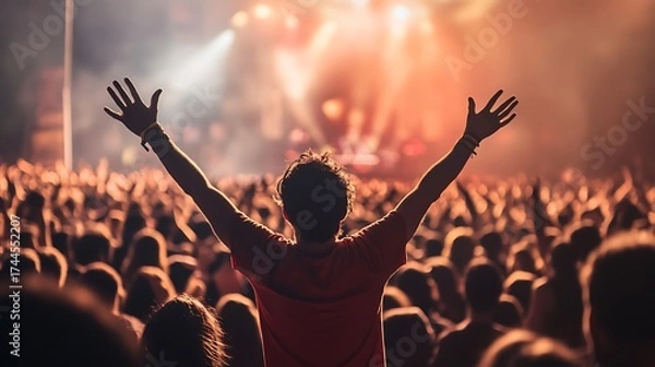 Fototapeta One person with arms raised in celebration at a vibrant energetic live music concert with a large crowd and bright stage lights