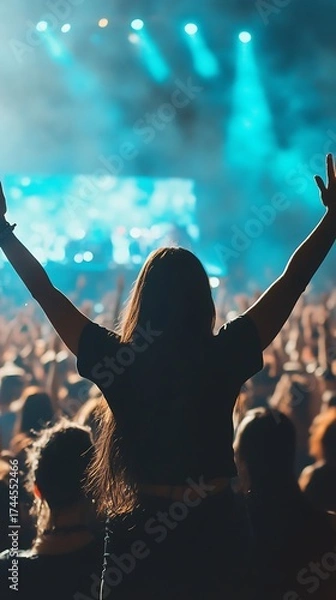Fototapeta Silhouette of a woman with arms raised in excitement at a vibrant live music concert with bright stage lights and a cheering crowd