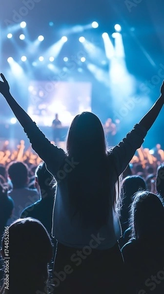 Fototapeta Enthusiastic concert attendee with arms raised in celebration silhouetted against a vibrant stage with bright spotlights and a cheering crowd