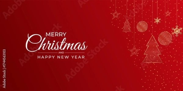 Obraz Christmas banner red background with Christmas ornaments