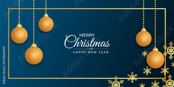 Obraz Merry christmas and happy new year banner with golden balls and golden shonoflackes