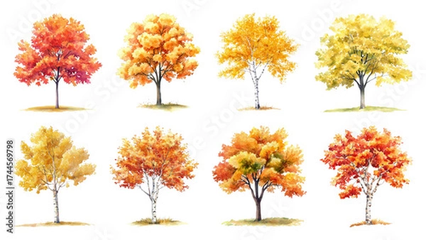 Fototapeta PNG Vibrant autumn trees watercolor illustration, element set on transparent background