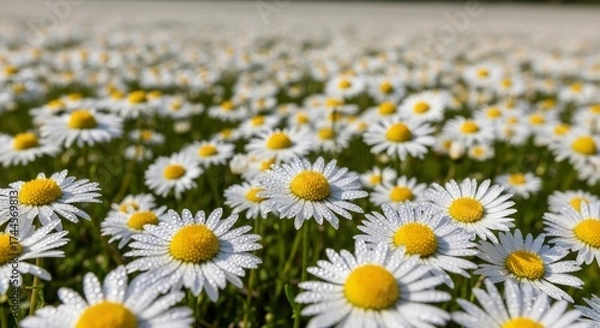 Fototapeta Close-up of a field of white daisies with yellow centers many petals covered in water droplets under bright sunlight