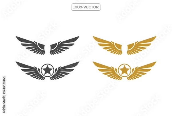 Obraz Set of black and gold color wings icons. Wings badges. Collection wings badges. Vector illustration icon