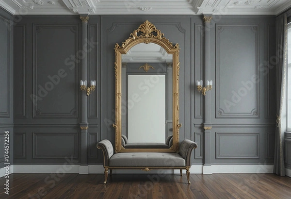 Fototapeta Elegant room interior with large mirror and bench. Front view. 3d rendering.