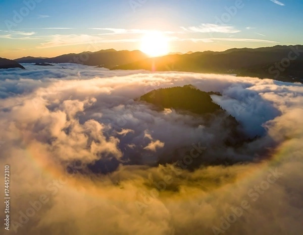 Obraz Sunrise through clouds, mountain valley