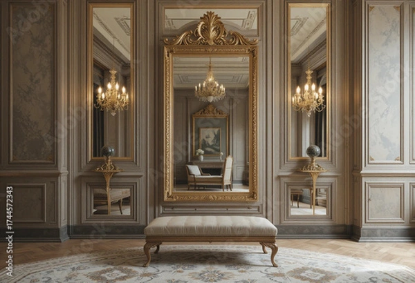 Fototapeta Elegant room interior with large mirror and bench. Front view. 3d rendering.