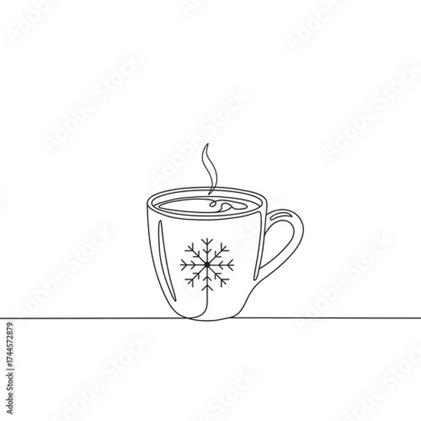 Fototapeta One line art drawing of a winter mug with snowflake decoration.