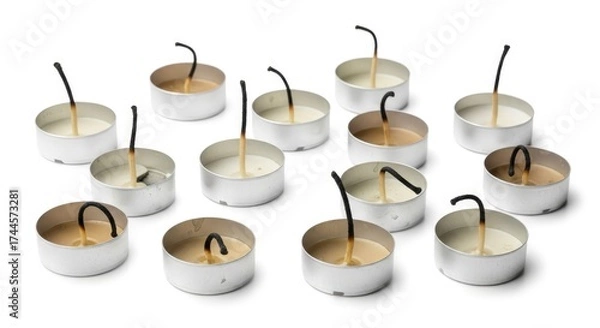 Fototapeta Fifteen small round metallic candle holders with spent wicks and residual wax scattered across a plain white surface
