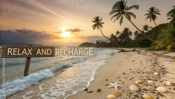 Obraz Tranquil Beach Scene with Inspirational Sign at Sunset Surrounded by Palm Trees and Seashells in Tropical Paradise