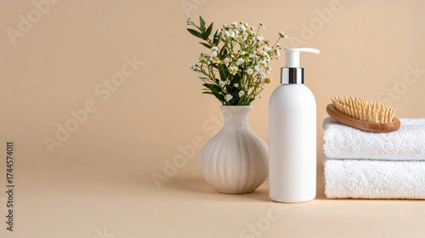 Fototapeta Serene Simplicity: Minimalist Bathroom Decor Featuring White Skincare Bottles, Soft Towels, and Floral Ceramic Accents on a Warm Beige Canvas
